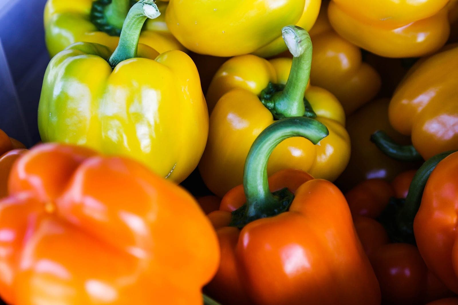 A pile of yellow and orange bell peppers at a market stall