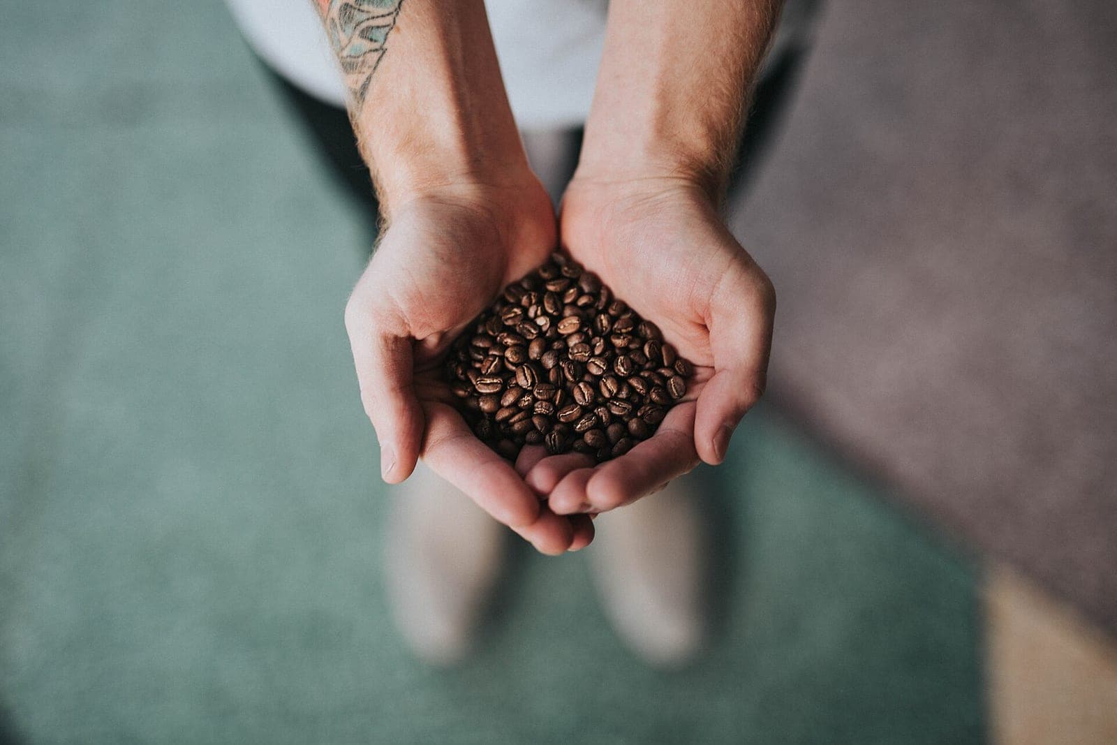 Two cupped hands holding a pile of roasted coffee beans