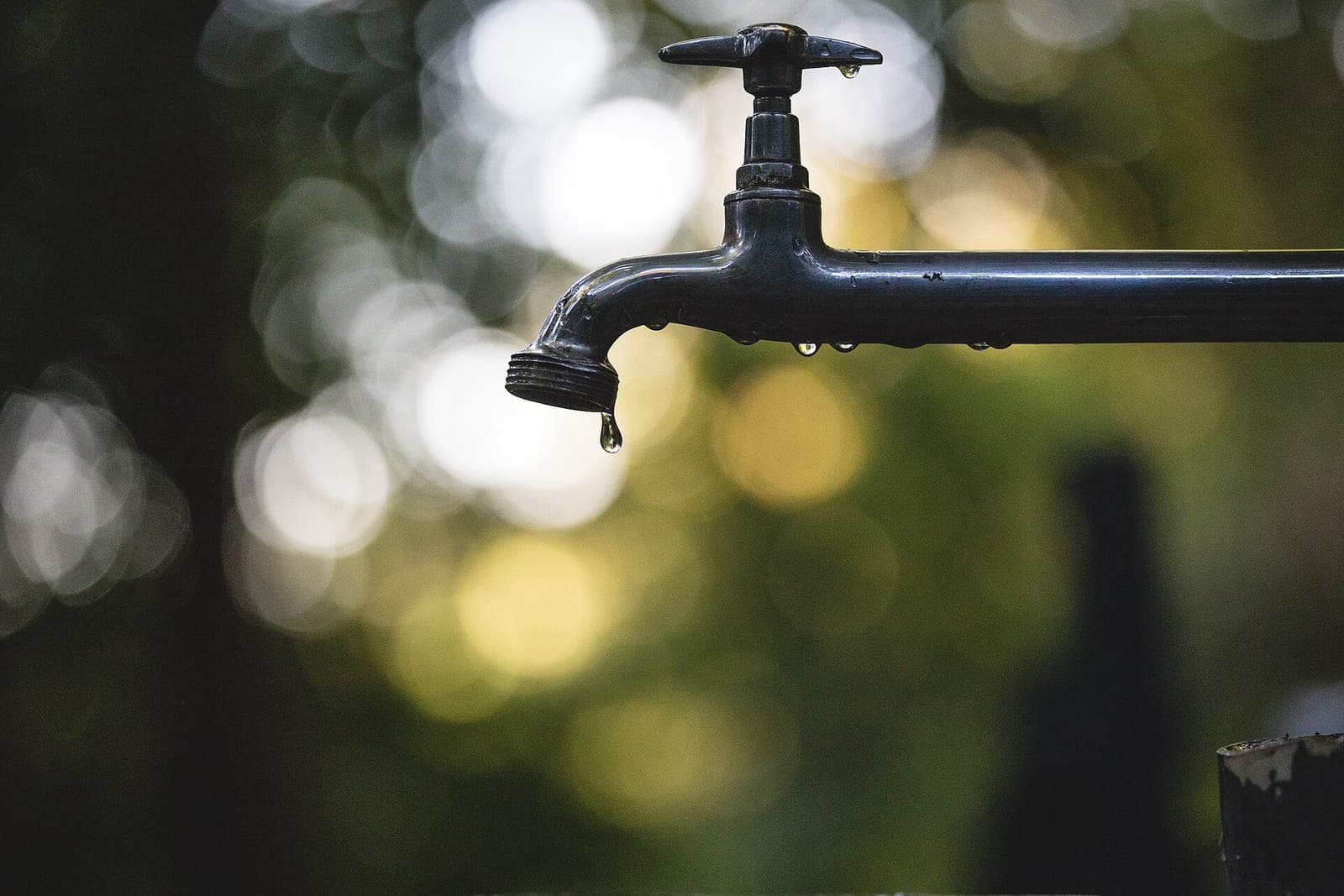 A black water tap with a drop falling from its spout, against blurred green and gold light