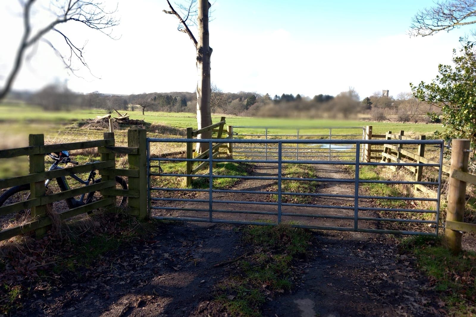 A closed metal farm gate across a dirt lane between wooden fences, with green fields beyond in winter sun