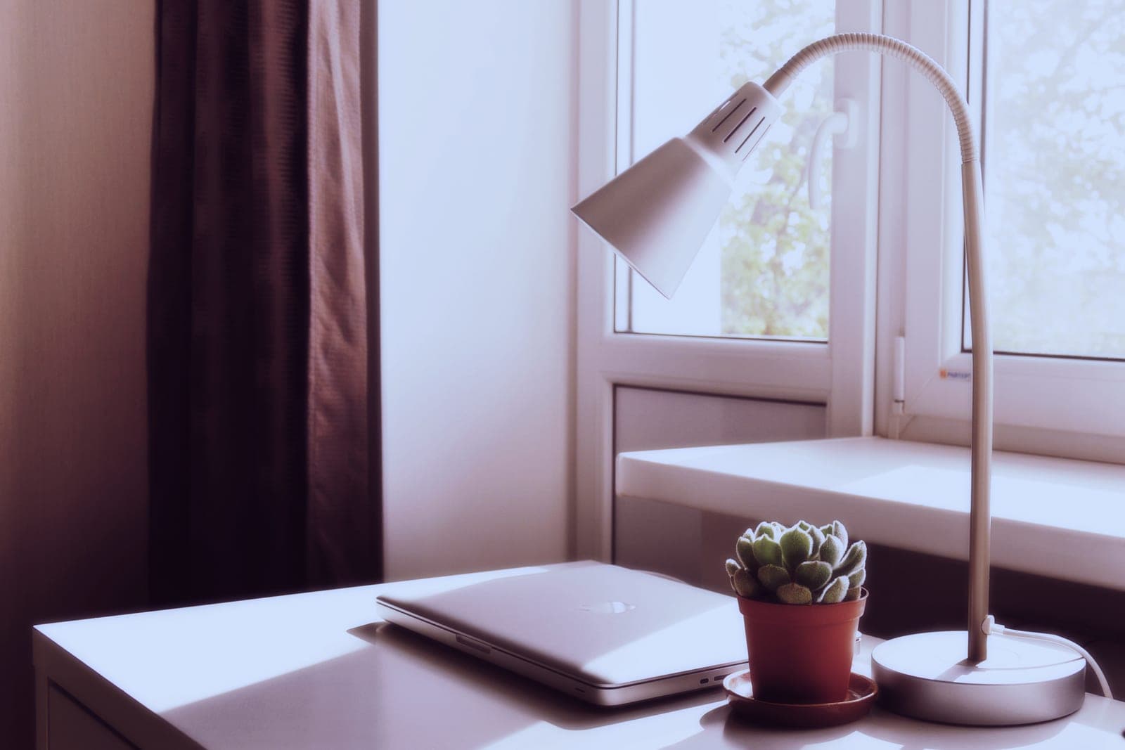 A closed laptop, a small potted plant and a desk lamp on a white desk by a window