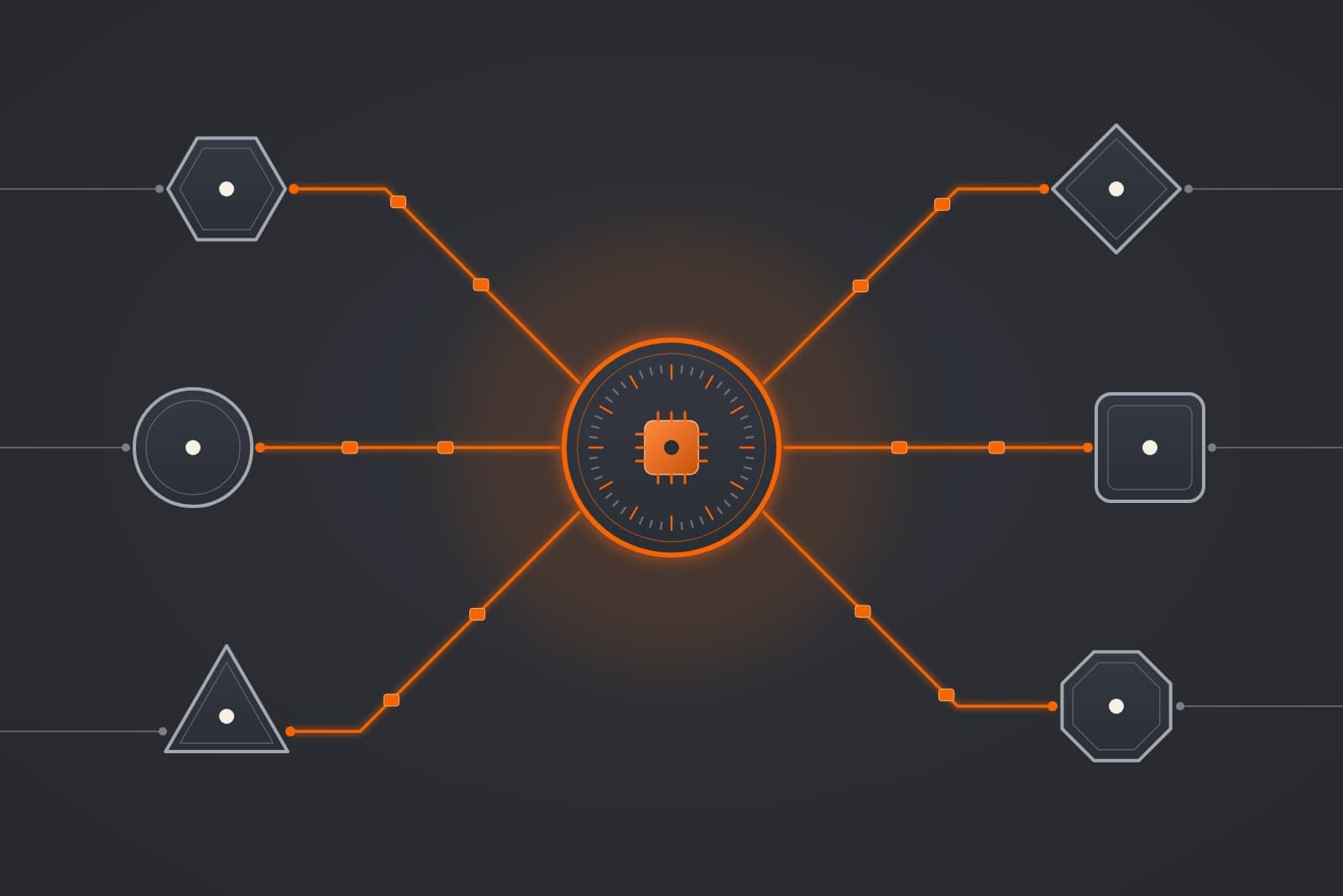 Several different outlined shapes send orange paths into one glowing central core