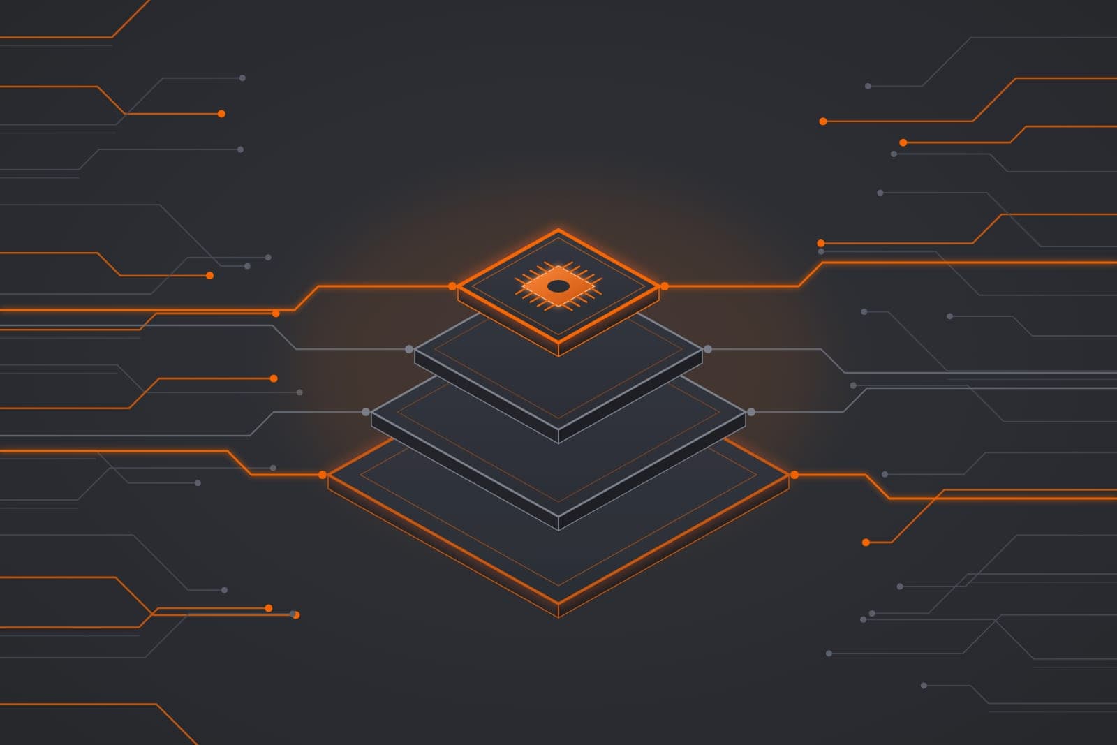 Glowing square layers stacked like steps on a dark background, with orange and gray circuit lines running in from both sides