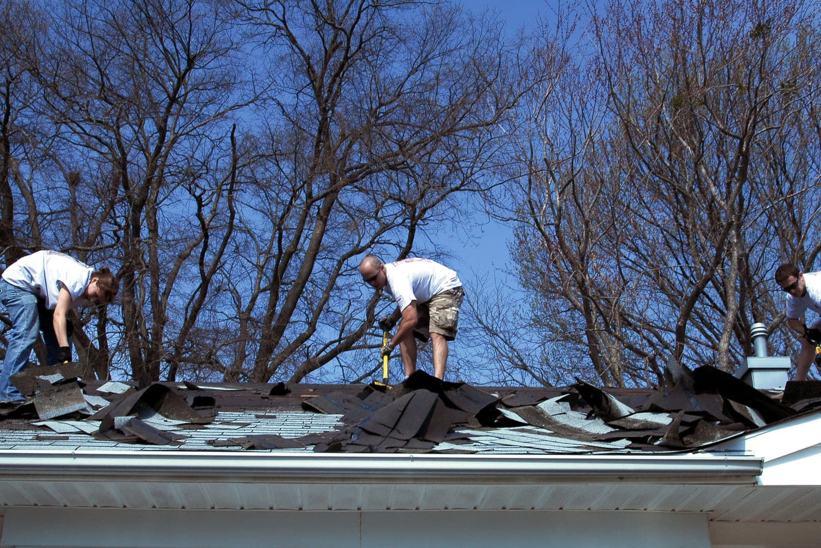Three workers tear worn asphalt shingles off a low house roof under bare trees
