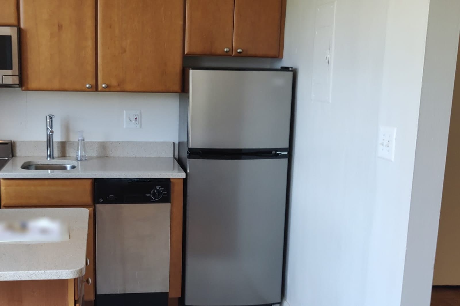 A small apartment kitchen with wood cabinets, a stainless fridge and dishwasher