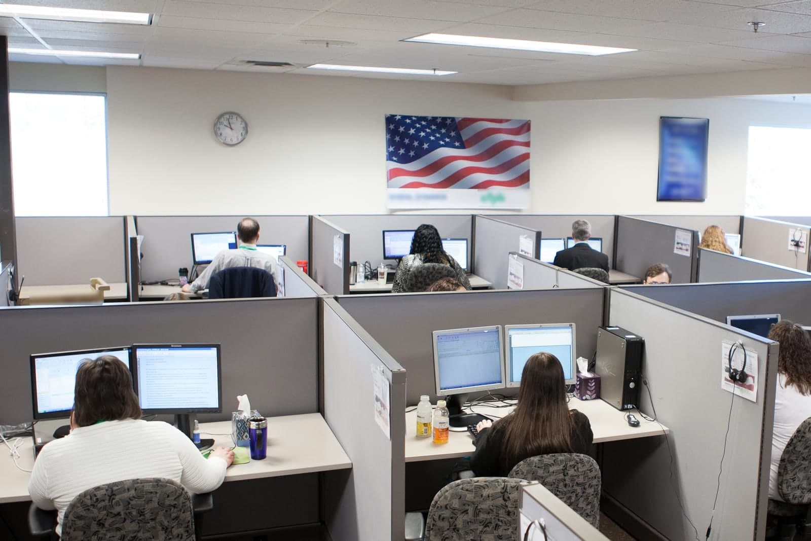 Staff work at computers in rows of cubicles in a bright call center office