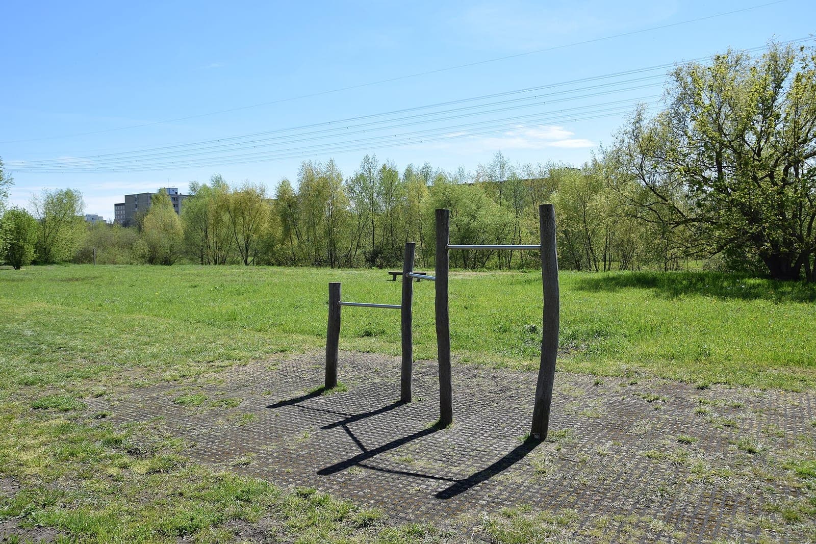 Wooden posts with metal pull-up bars on a paved patch in a sunny, grassy park