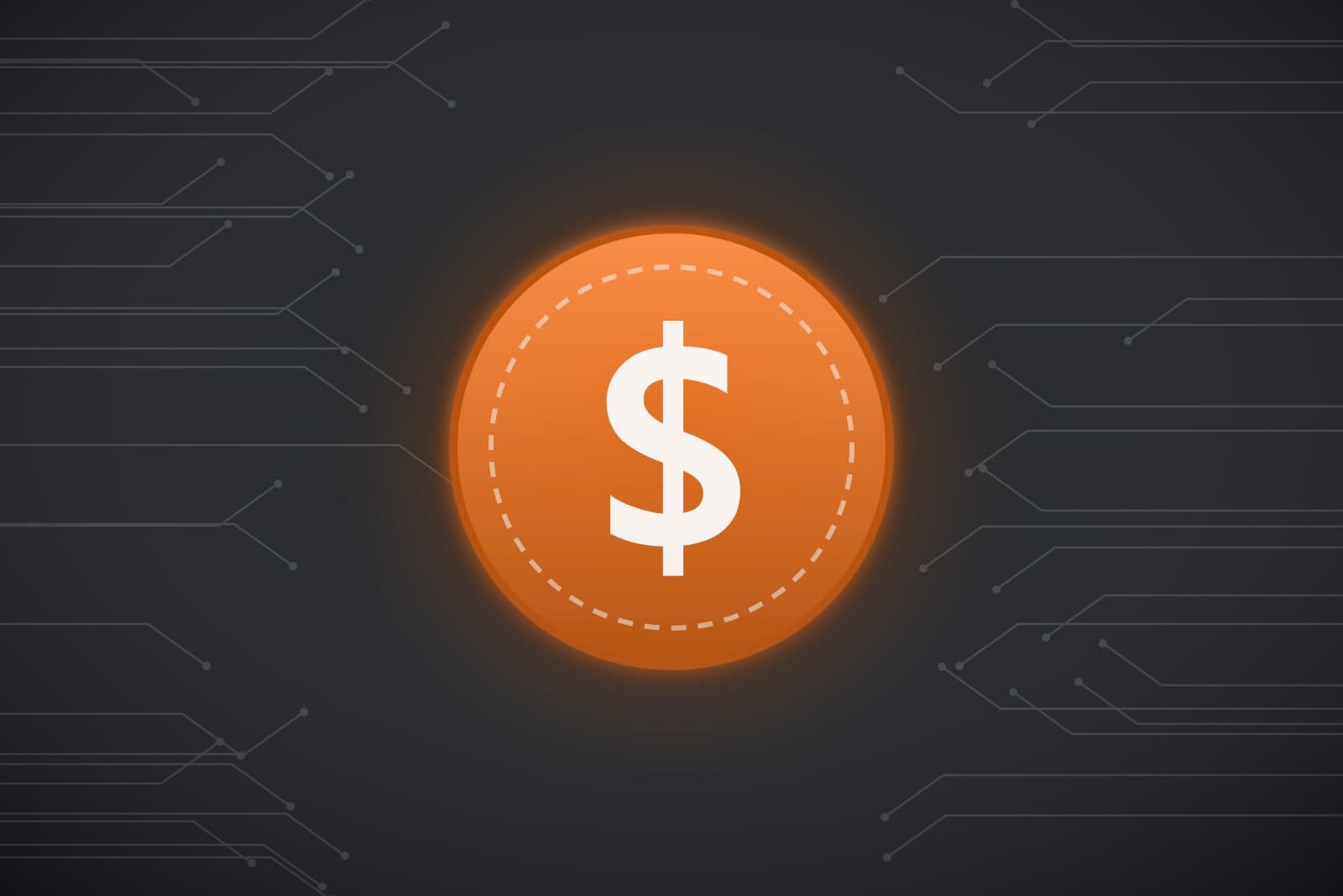 A glowing orange medallion with a cream dollar sign, ringed by circuit traces on charcoal
