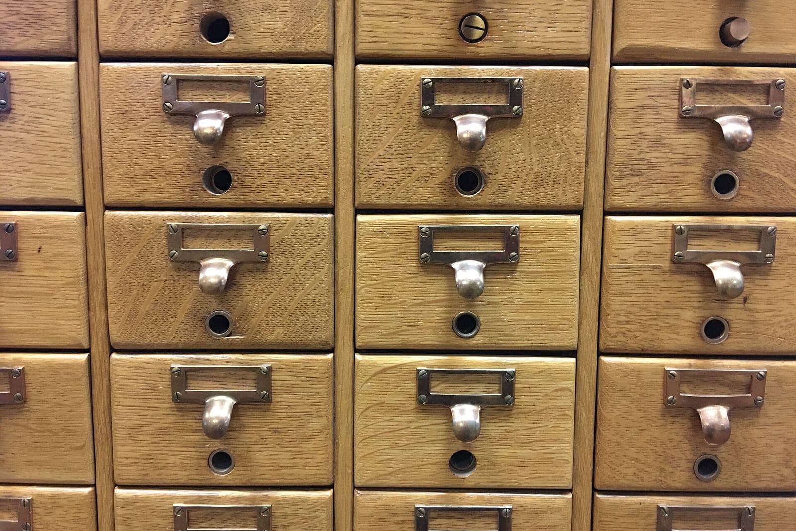 Rows of small oak drawers with brass pulls and empty label holders