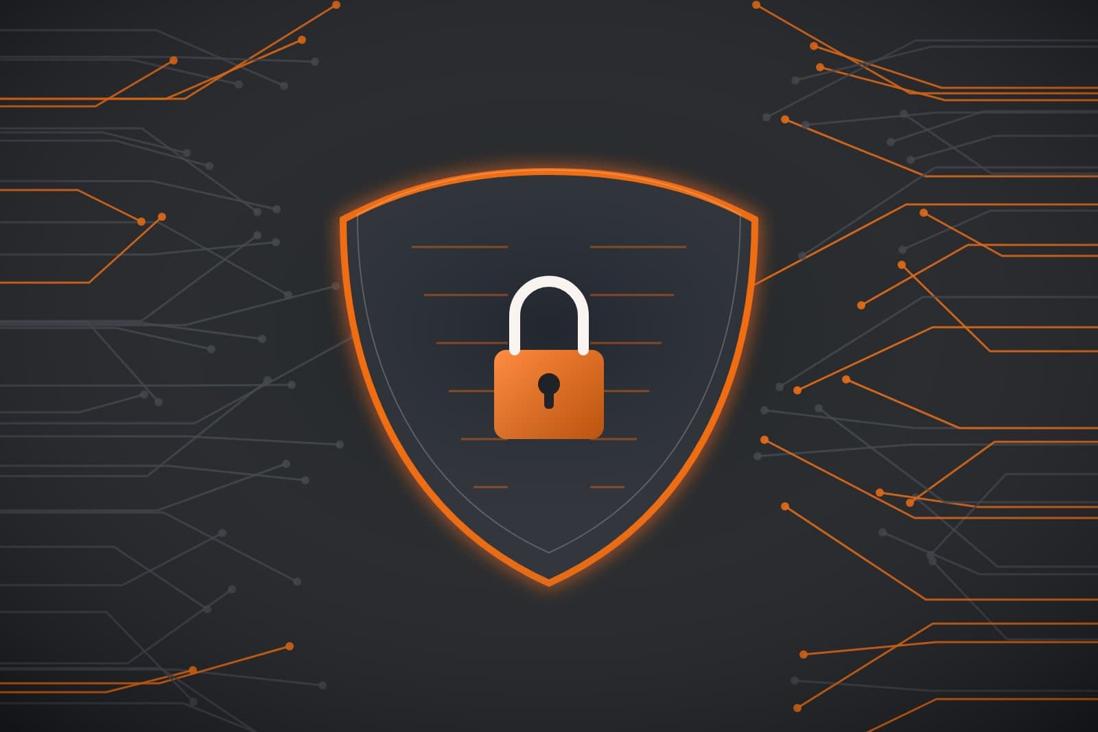 A glowing orange shield with a padlock, fed by circuit traces on charcoal