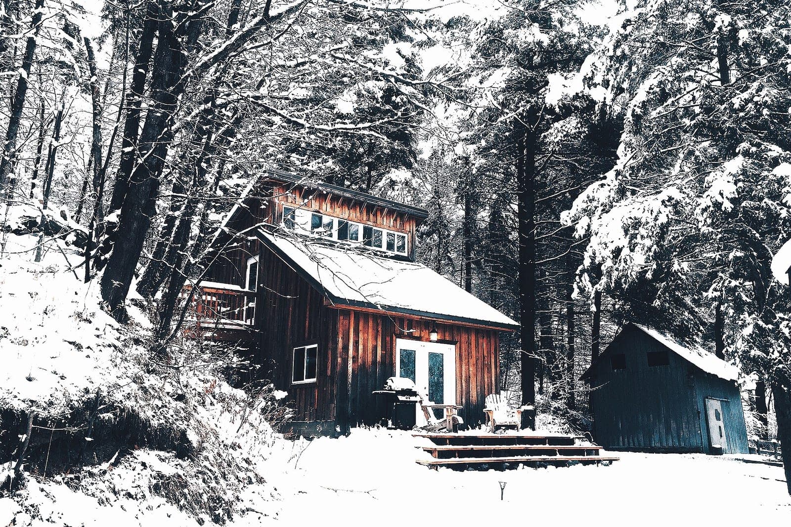 A wooden cabin with a lit porch light among snow-covered trees, with a small shed beside it