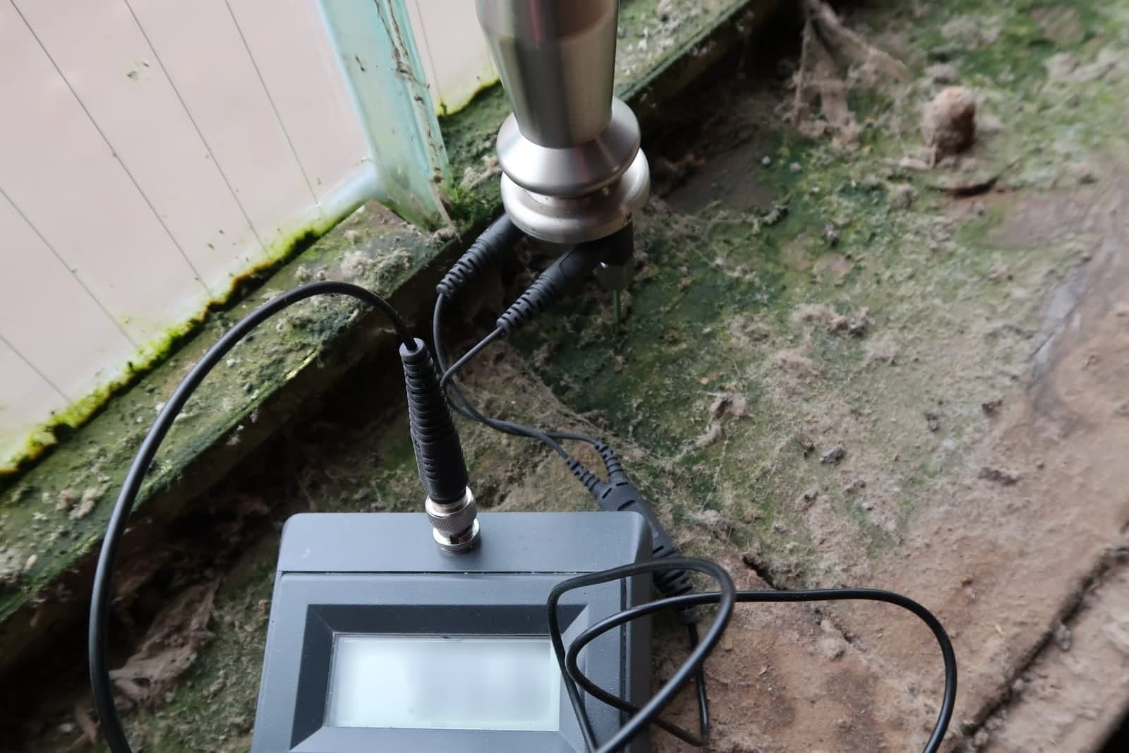 A moisture meter's probe is pressed into a damp, mold-stained window sill