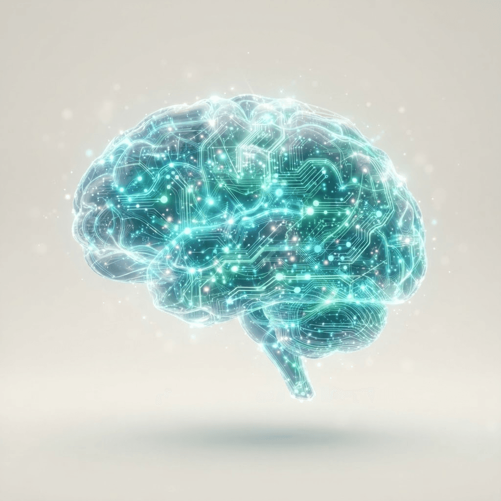 Glowing AI neural brain built from interconnected circuits and nodes